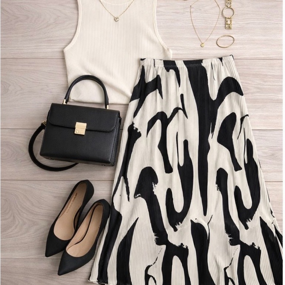 SHEIN Pleated Midi Skirt XL Black White Abstract Minimalist